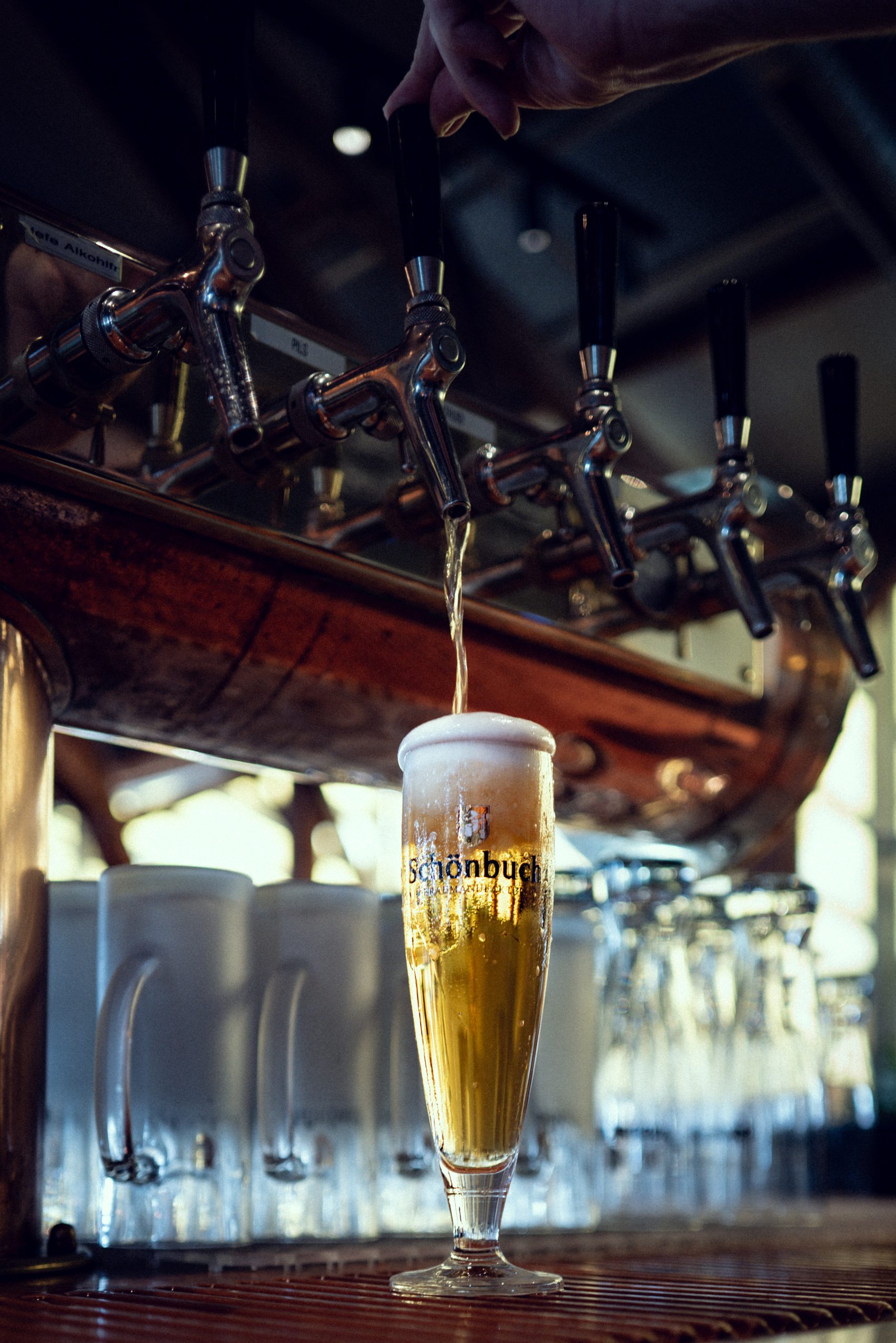 Zapfanlage im Brauhaus Schönbuch mit eingeschenktem Bierglas im Vordergrund.